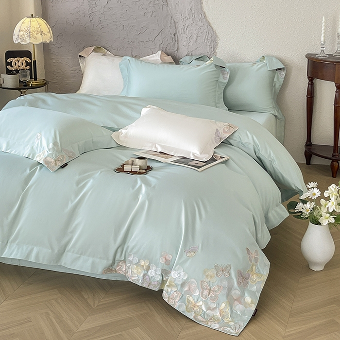 91家纺网 家纺一手货源 找家纺 直播爆款A类100支长绒棉夹棉床盖床笠四件套全棉纯棉床单加厚高端重工刺绣四季款床上用品 茉婉-茶绿