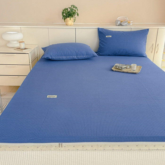 91家纺网 家纺一手货源 找家纺 眠博士 2025新款A类学生床全棉华夫格床垫套 全棉华夫格床垫套 天蓝