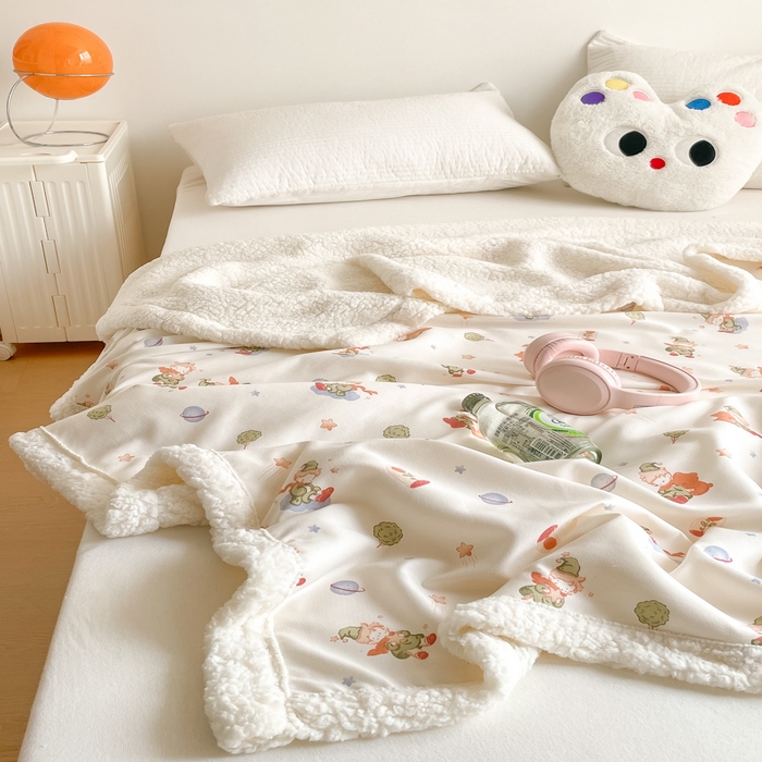 91家纺网 家纺一手货源 找家纺 857家居 2025新款双层针织纱羊羔绒毛毯 梦兔乐宴