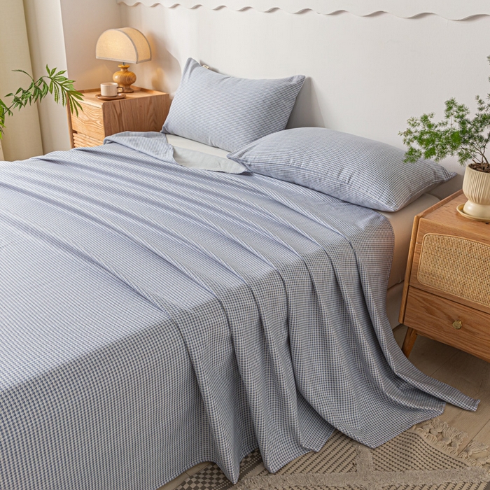 91家纺网 家纺一手货源 找家纺 阿亮家居 2025新款原棉老粗布床单系列 千鸟格-天蓝
