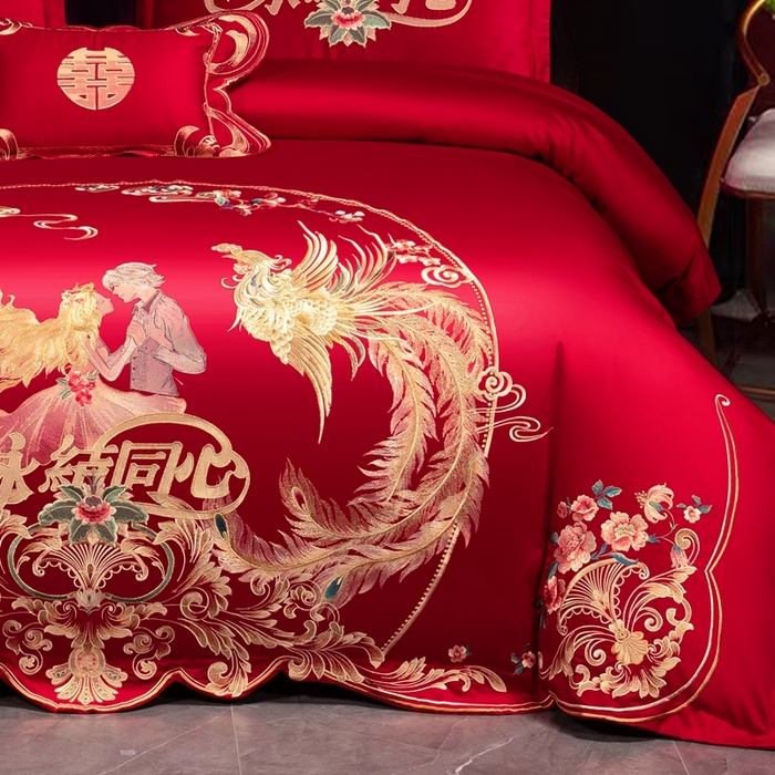 91家纺网 家纺一手货源 找家纺 慕她家纺 慕她婚庆四件套大红色磨毛亲肤棉刺绣结婚工艺款床上用品 幸福永驻