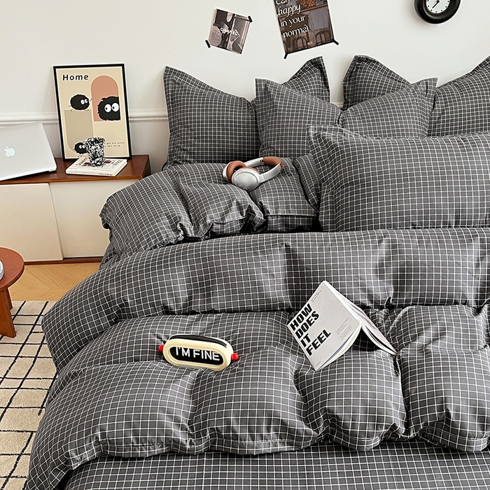 91家纺网 家纺一手货源 找家纺 罗菲尼酒店用品 2025新款磨毛亲肤飞边款四件套 黑小格