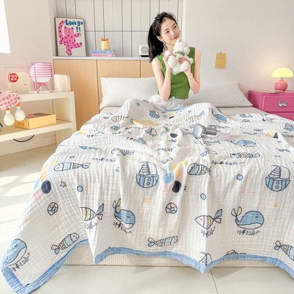 棠薇家纺 2025新款全棉六层皱皱纱婴幼毯泡泡纱印花盖毯包被浴巾 鲸鱼