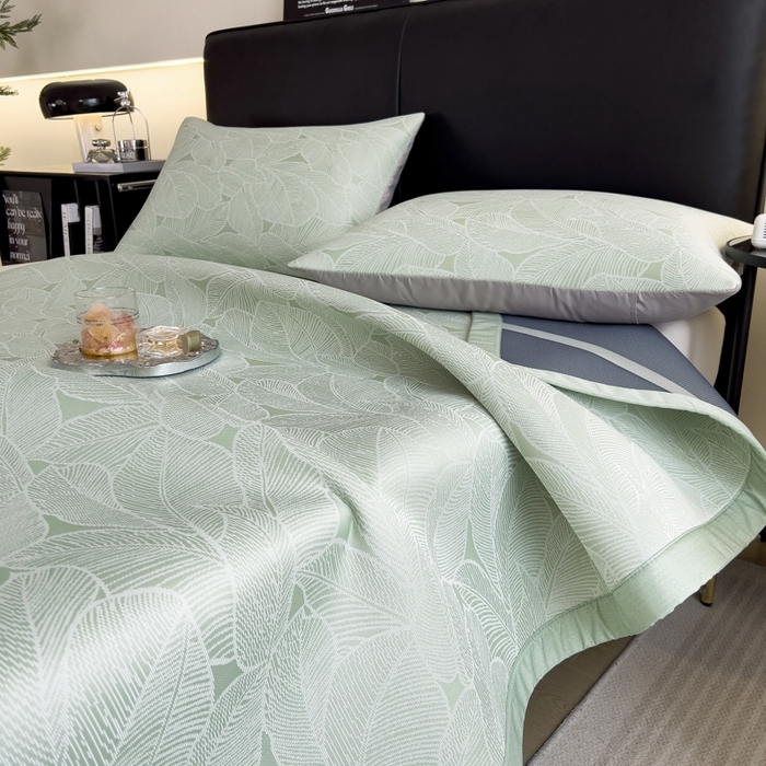 91家纺网 家纺一手货源 找家纺 慕尚家纺 2025春夏新款凉感冰丝提花凉席三件套 提花席 树叶绿