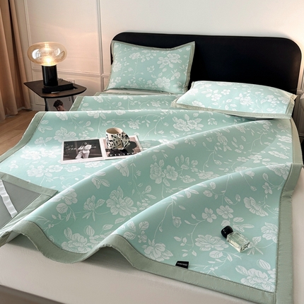 慕尚家纺 2025春夏新款凉感冰丝提花凉席三件套 花语 绿