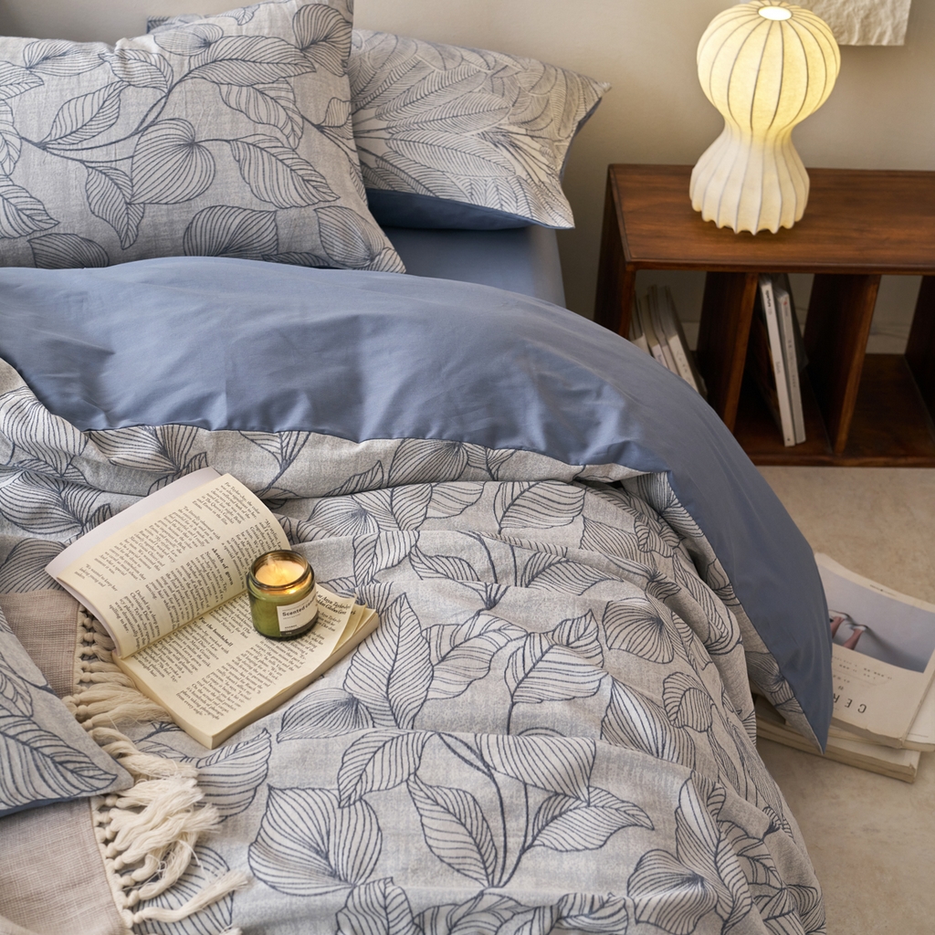 91家纺网 家纺一手货源 找家纺 金丝鸟2025新款全棉纯棉三层纱提花四件套 小叶雨林 兰