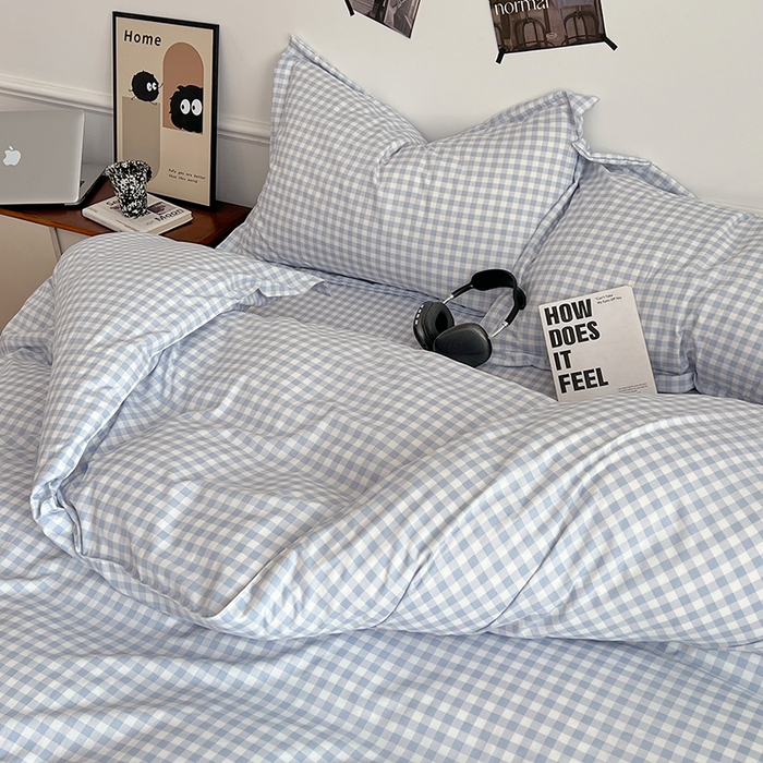 91家纺网 家纺一手货源 找家纺 罗菲尼酒店用品 2025新款磨毛亲肤飞边款四件套 蓝白小格