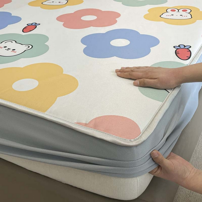 91家纺网 家纺一手货源 找家纺 2025新款印花冰丝凉席反面无纺布 冰丝-床笠款-向阳花