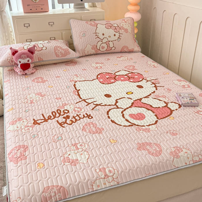 91家纺网 家纺一手货源 找家纺 金爱家 2025新款三丽鸥乳胶凉席大版床笠款 床笠款凉席-爱心kt