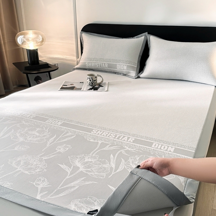 91家纺网 家纺一手货源 找家纺 慕尚家纺 2025春夏新款凉感冰丝提花凉席三件套 水仙 灰