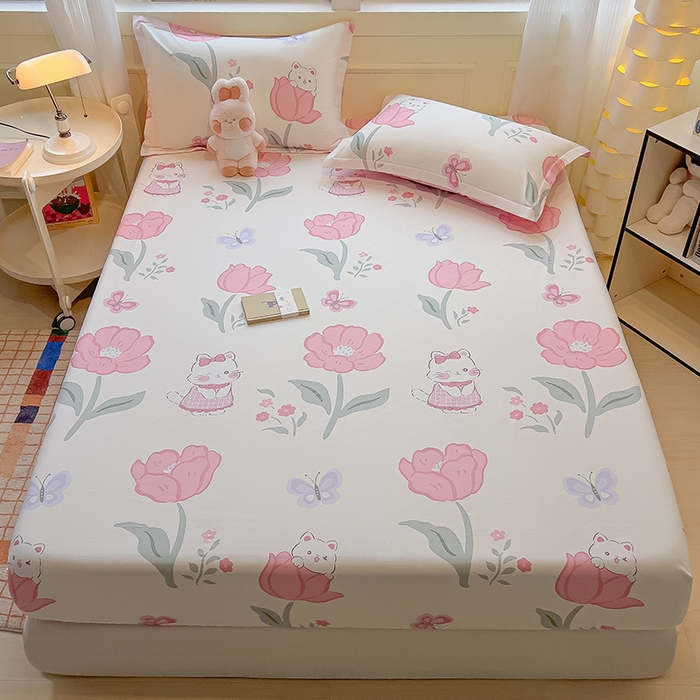 91家纺网 家纺一手货源 找家纺 拾物记 2025新款A类无荧光全喷气全棉12868单床笠 花欣猫趣-粉