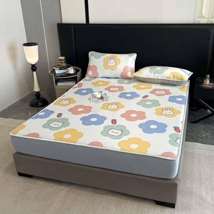 91家纺网 家纺一手货源 找家纺 2025新款印花冰丝凉席反面无纺布 冰丝-床笠款-向阳花