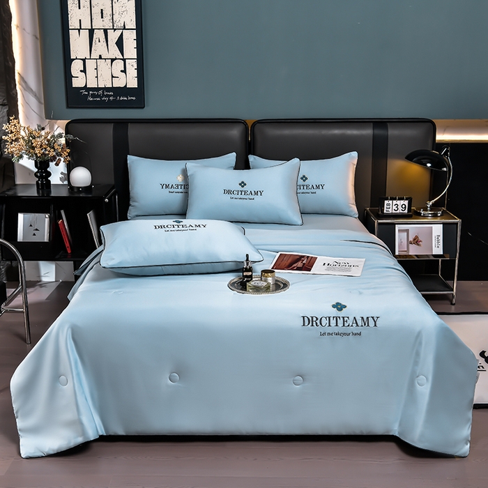 91家纺网 家纺一手货源 找家纺 伊梵居 2025新款水洗真丝刺绣夏被四件套 梵花-海青