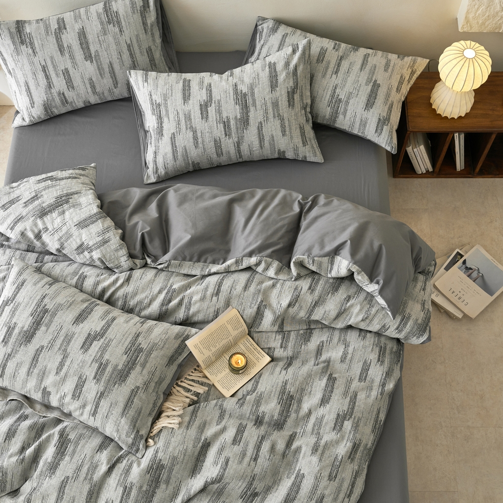 91家纺网 家纺一手货源 找家纺 金丝鸟2025新款全棉纯棉三层纱提花四件套 树影灰