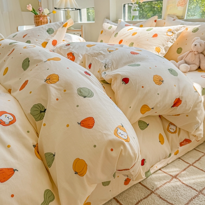 91家纺网 家纺一手货源 找家纺 名优家纺 2025新款A类全棉纯棉韩版印花四件套 南瓜节-黄