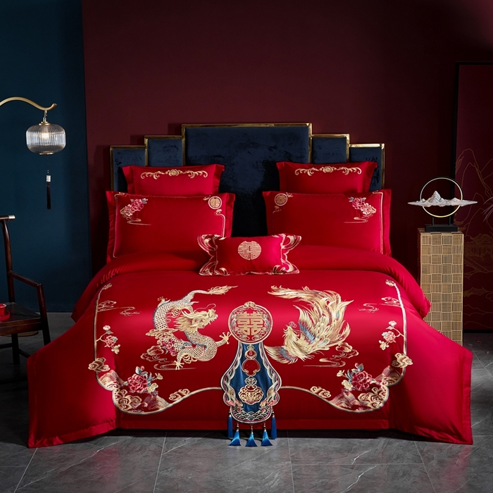 91家纺网 家纺一手货源 找家纺 慕她家纺 慕她婚庆四件套大红色磨毛亲肤棉刺绣结婚工艺款床上用品 喜韵龙凤