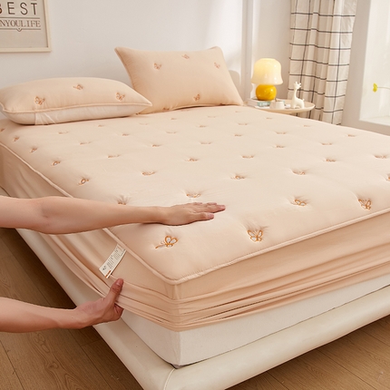 盛眠 2025新款水洗棉刺绣夹棉床笠床罩家用床垫套 蝴蝶 卡其