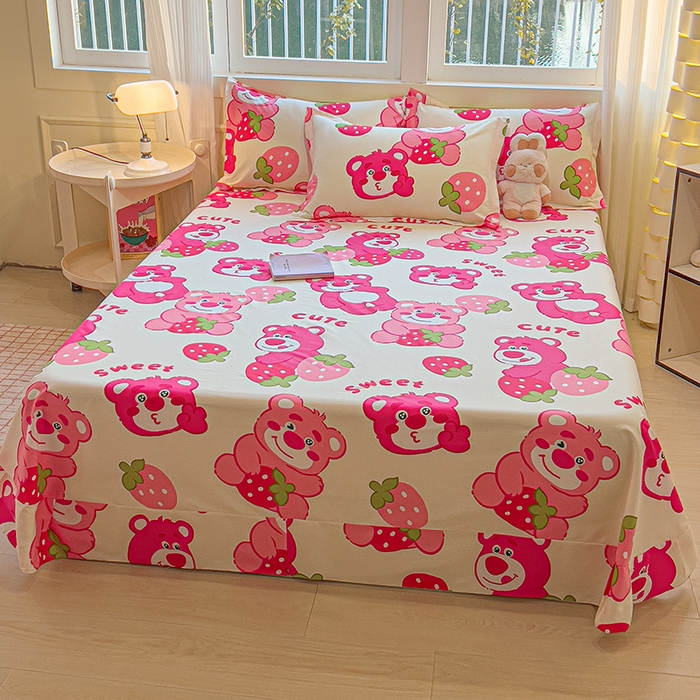 91家纺网 家纺一手货源 找家纺 拾物记 2025新款A类无荧光全喷气全棉12868单床单 草莓堆堆熊