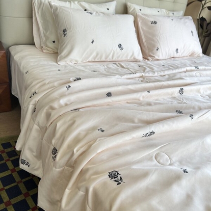 棉生活家纺 2025新款ins小清新水洗冰丝夏被四件套 玫瑰园 香槟色