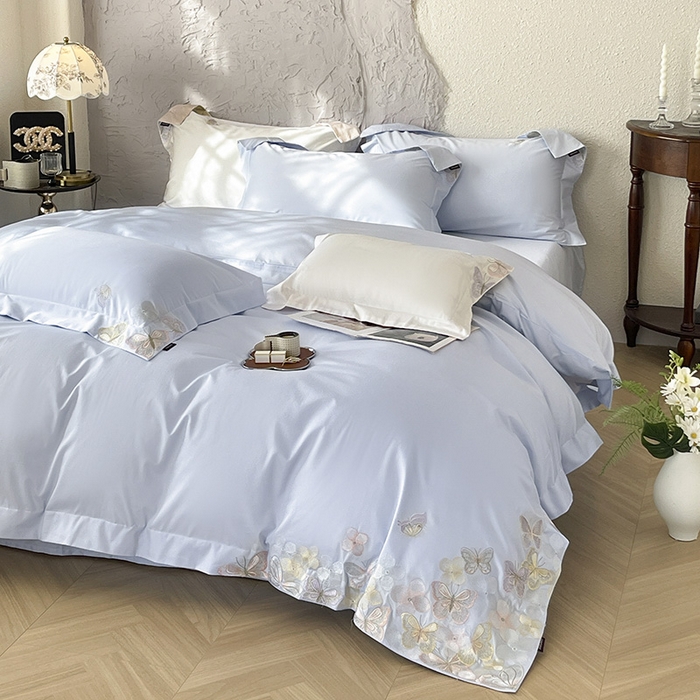 91家纺网 家纺一手货源 找家纺 直播爆款A类100支长绒棉夹棉床盖床笠四件套全棉纯棉床单加厚高端重工刺绣四季款床上用品 茉婉-慕蓝