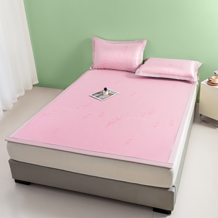 91家纺网 家纺一手货源 找家纺 阿亮家居 2025新款凉席碳光席冰丝席三件套 叶语芊芊-粉