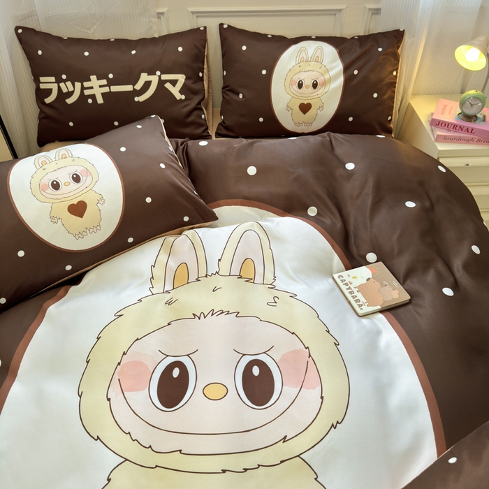 91家纺网 家纺一手货源 找家纺 摩卡（乐趣） 2025新款水洗真丝数码印花卡通兔系列四件套 咖啡兔