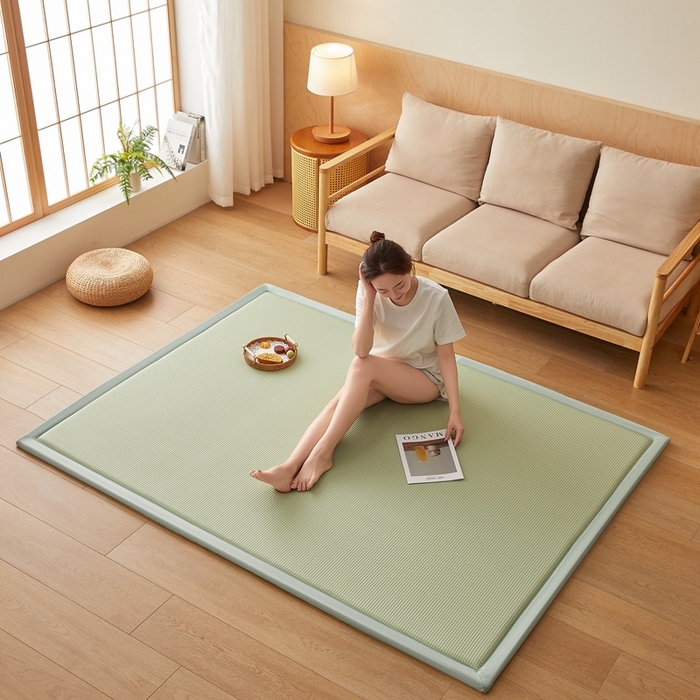 91家纺网 家纺一手货源 找家纺 阿亮家居 2025新款包边工艺凉感冰藤地铺睡垫系列凉席地垫 华夫格绿