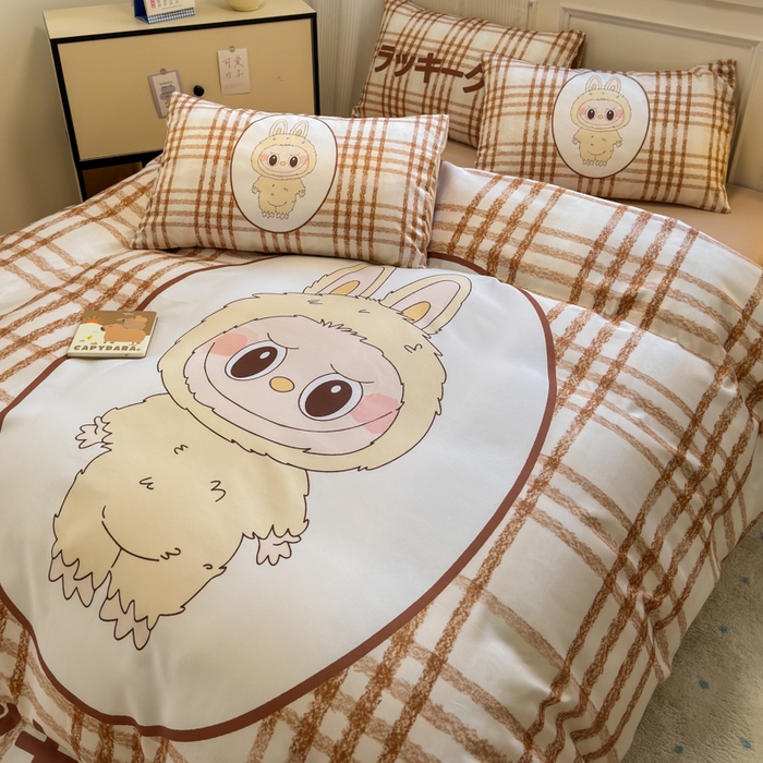 91家纺网 家纺一手货源 找家纺 摩卡（乐趣） 2025新款水洗真丝数码印花卡通兔系列四件套 兔奶糖