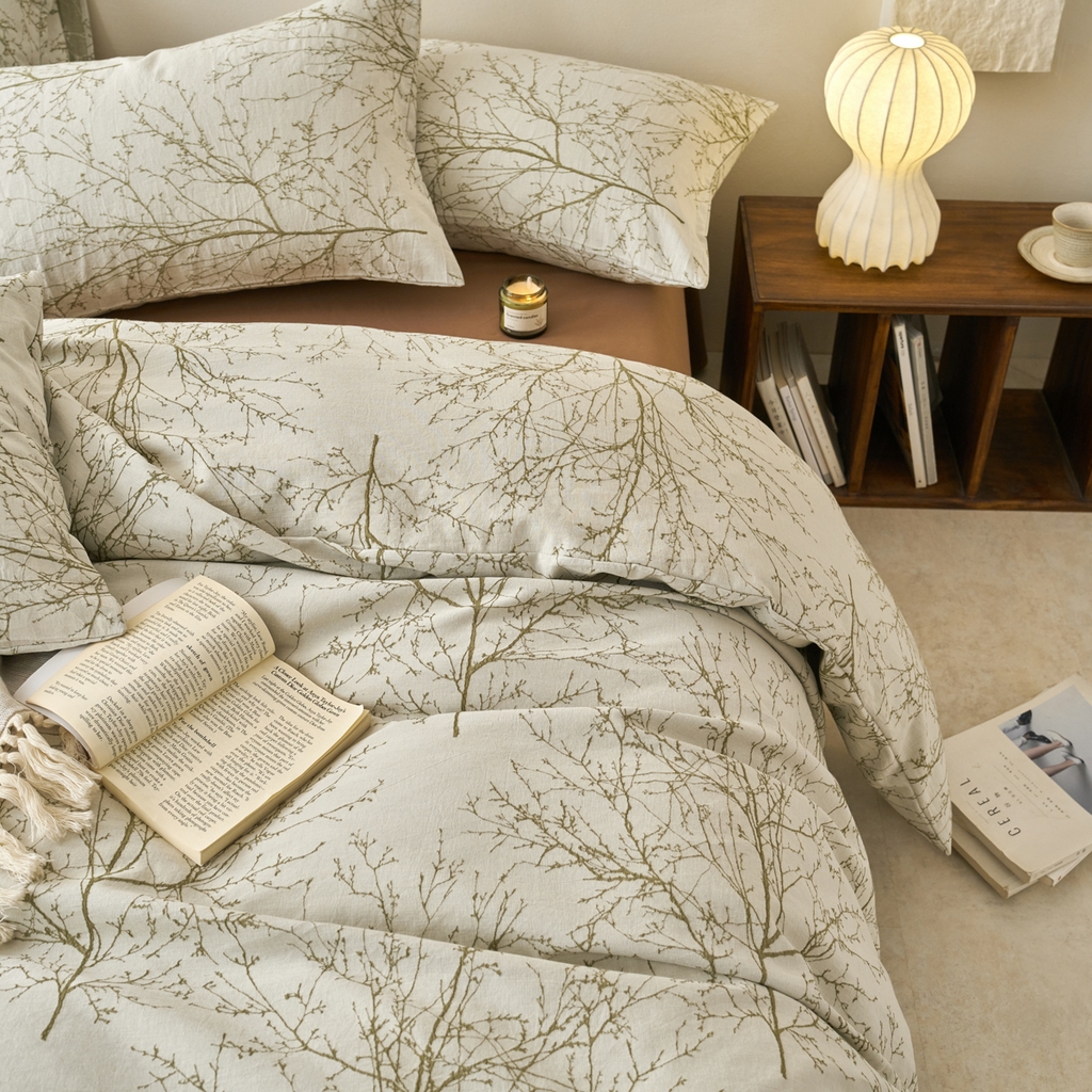 91家纺网 家纺一手货源 找家纺 （总）金丝鸟2025新款全棉纯棉双面三层纱提花四件套--凌寒