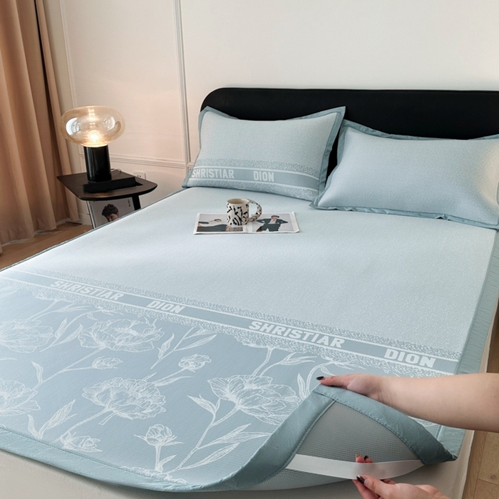 91家纺网 家纺一手货源 找家纺 慕尚家纺 2025春夏新款凉感冰丝提花凉席三件套 水仙 蓝