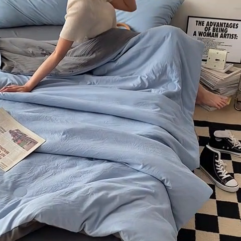 91家纺网 家纺一手货源 找家纺 益多眠 2026新款水洗棉夏被四件套 天蓝+深灰