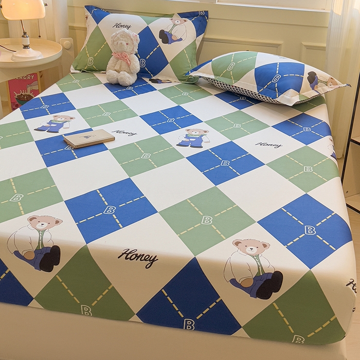 91家纺网 家纺一手货源 找家纺 拾物记 2025新款A类无荧光全喷气全棉12868单床笠 英伦熊