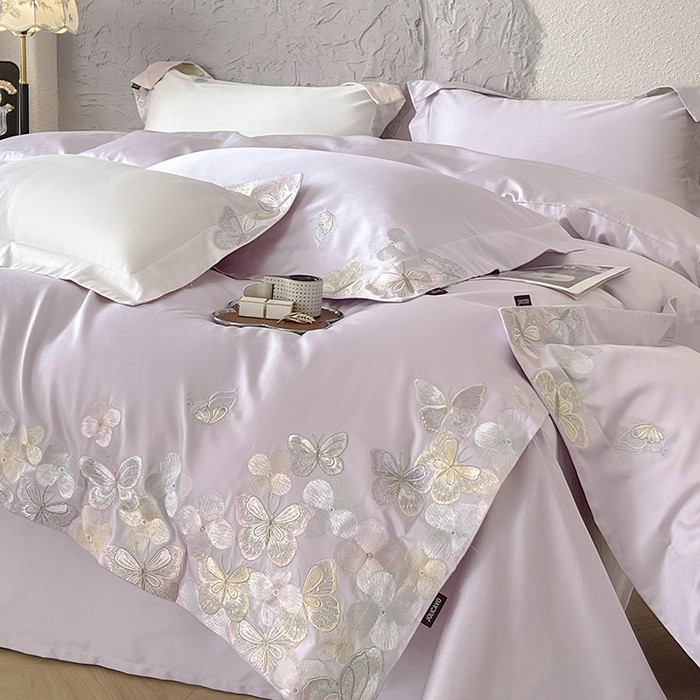 91家纺网 家纺一手货源 找家纺 春夏A类长绒棉夹棉床盖床笠四件套全棉纯棉纯色绗绣四季款保护罩高级感床上用品 茉婉-黛紫