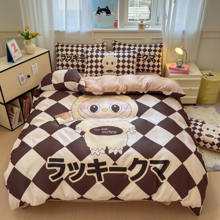 91家纺网 家纺一手货源 找家纺 摩卡（乐趣） 2025新款水洗真丝数码印花卡通兔系列四件套 菱形兔