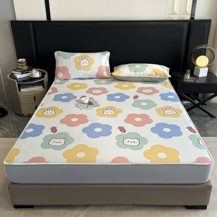 91家纺网 家纺一手货源 找家纺 2025新款印花冰丝凉席反面无纺布 冰丝-床笠款-向阳花