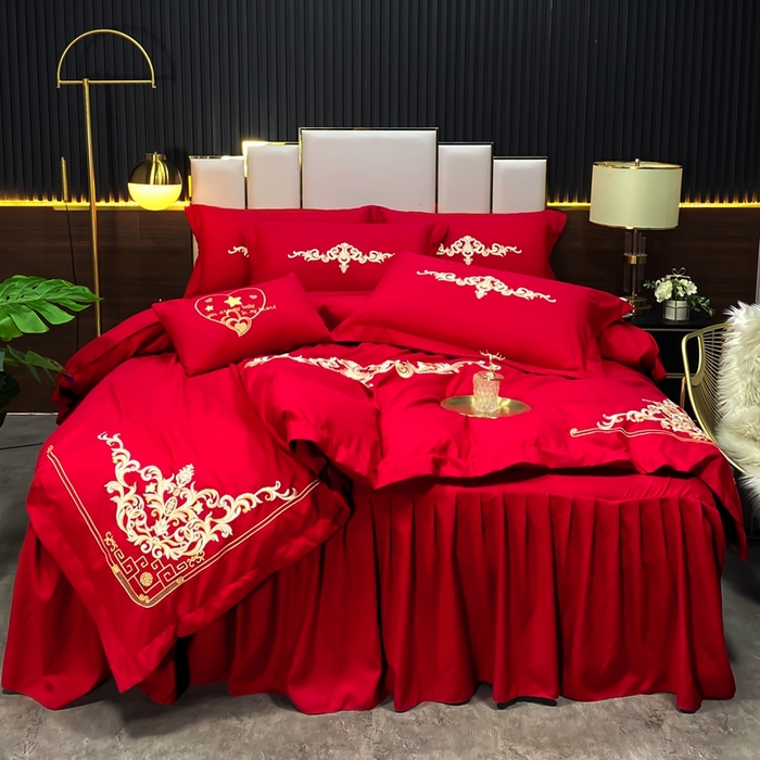 91家纺网 家纺一手货源 找家纺 慕她家纺 慕她婚庆四件套大红色磨毛亲肤棉刺绣结婚工艺款床上用品 米兰风情