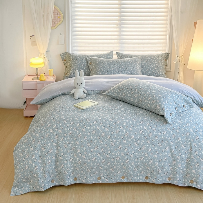 91家纺网 家纺一手货源 找家纺 星窝家纺 2025新款纽扣款水洗棉印花四件套 芊朵