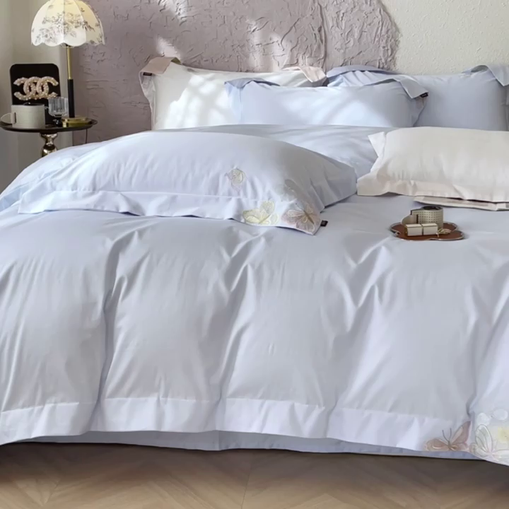 91家纺网 家纺一手货源 找家纺 高端轻奢A类母婴级长绒棉全工艺刺绣四件套纯棉全棉高端春夏季爆款床上用品 茉婉-慕蓝