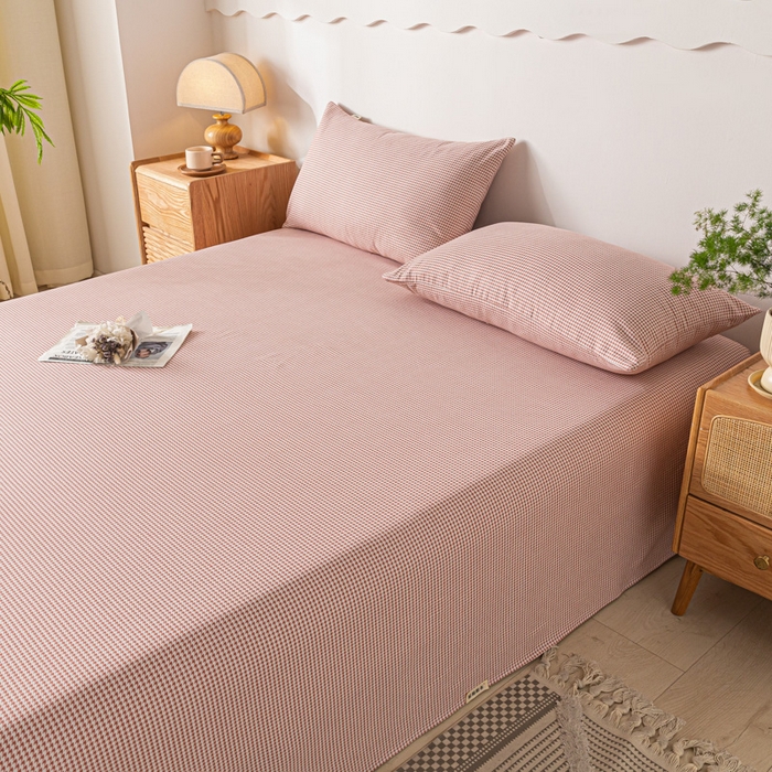 91家纺网 家纺一手货源 找家纺 阿亮家居 2025新款原棉老粗布床单系列 千鸟格-豆粉