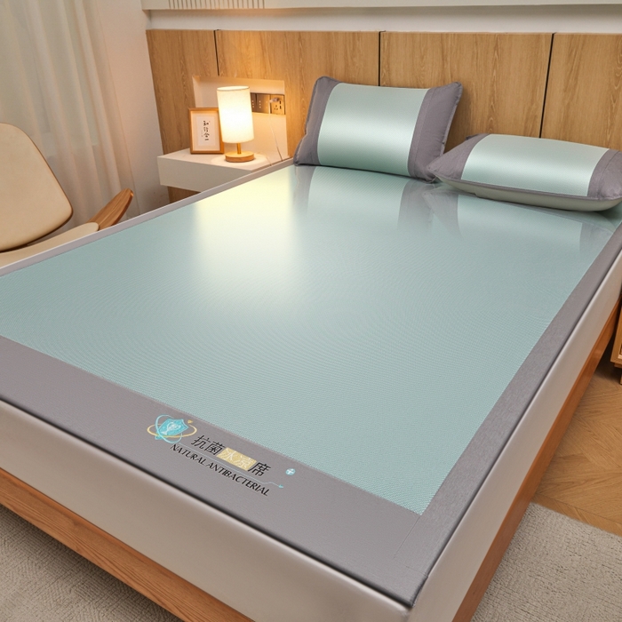 91家纺网 家纺一手货源 找家纺 阿亮家居 2025新款冰藤席凉席三件套包边抗菌刺绣款冰藤凉席 绿色-床席款