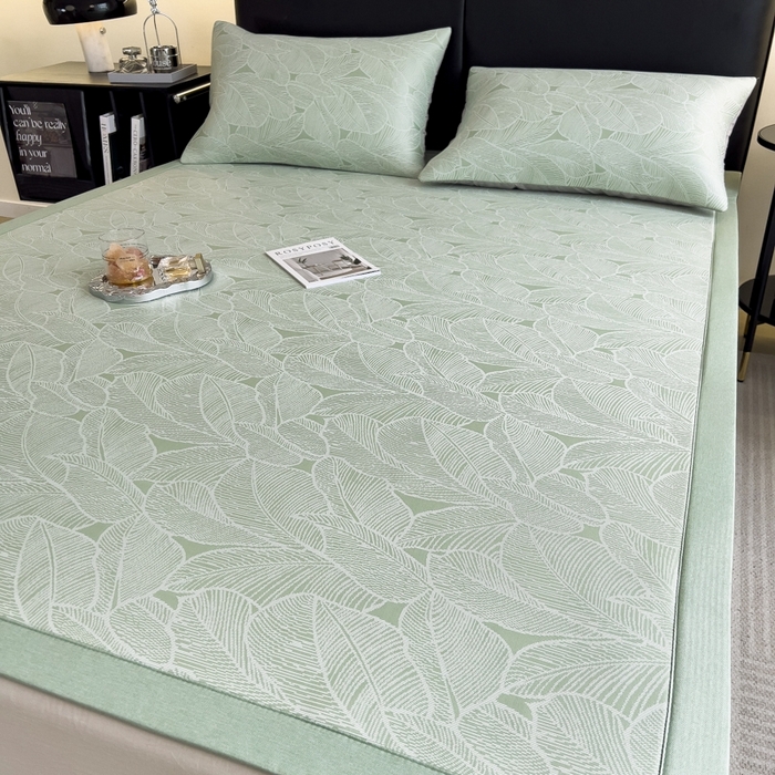 91家纺网 家纺一手货源 找家纺 慕尚家纺 2025春夏新款凉感冰丝提花凉席三件套 提花席 树叶绿