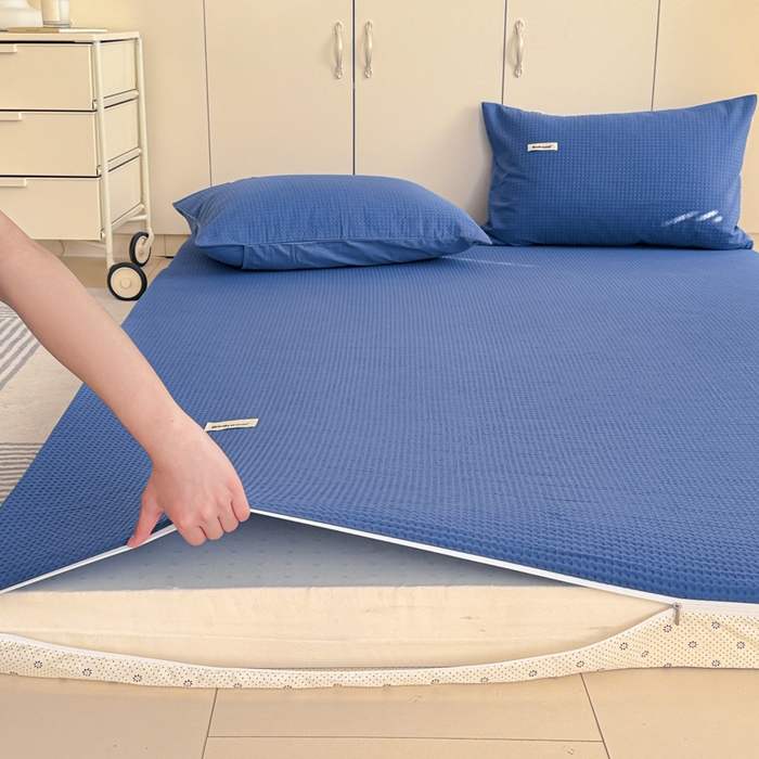 91家纺网 家纺一手货源 找家纺 眠博士 2025新款A类学生床全棉华夫格床垫套 全棉华夫格床垫套 天蓝