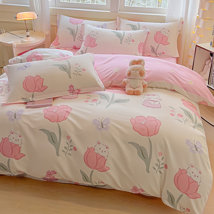 91家纺网 家纺一手货源 找家纺 拾物记 2025新款A类无荧光全喷气全棉12868四件套 花欣猫趣-粉