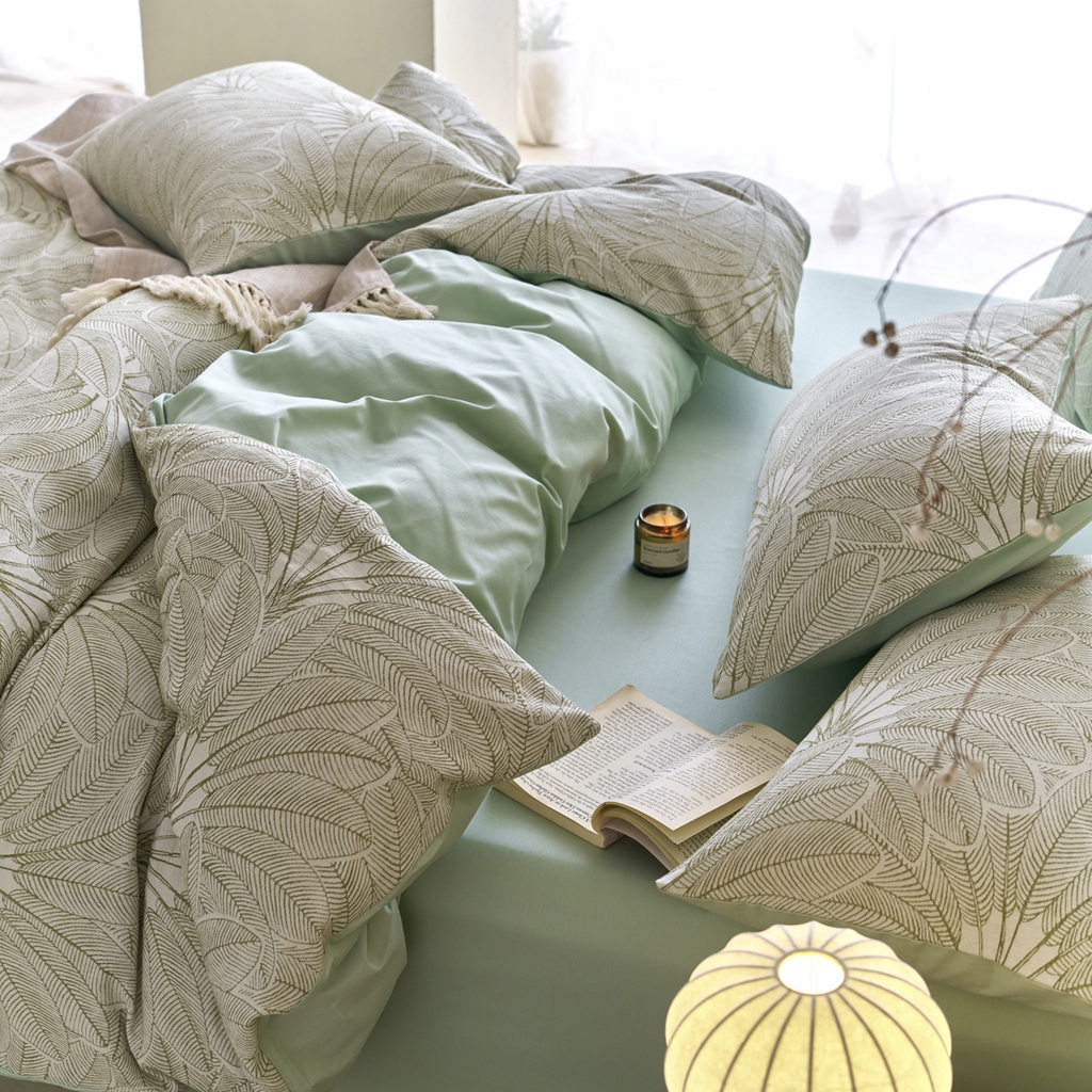 91家纺网 家纺一手货源 找家纺 金丝鸟2025新款全棉纯棉三层纱提花四件套 耶鲁斯绿