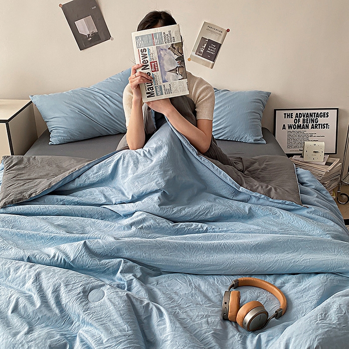 91家纺网 家纺一手货源 找家纺 益多眠 2026新款水洗棉夏被四件套 天蓝+深灰