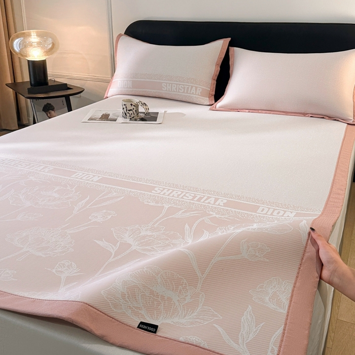 91家纺网 家纺一手货源 找家纺 慕尚家纺 2025春夏新款凉感冰丝提花凉席三件套 水仙 粉