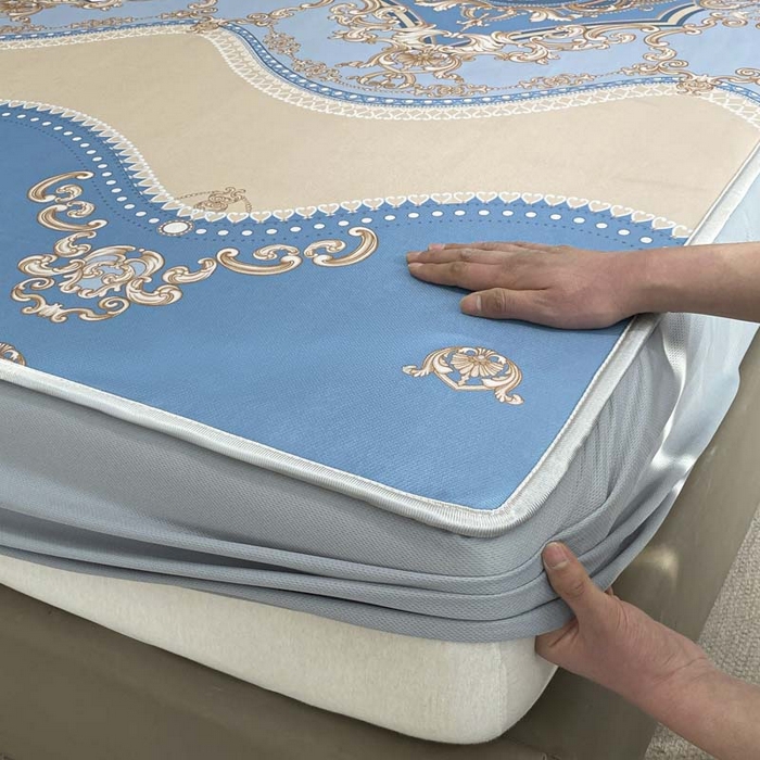 91家纺网 家纺一手货源 找家纺 2025新款印花冰丝凉席反面无纺布 冰丝-床笠款-雅典蓝