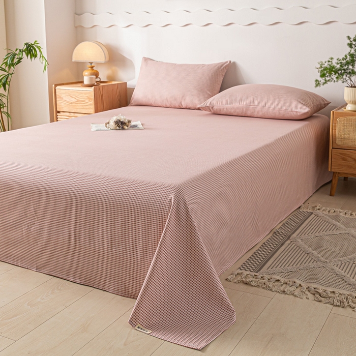 91家纺网 家纺一手货源 找家纺 阿亮家居 2025新款原棉老粗布床单系列 千鸟格-豆粉