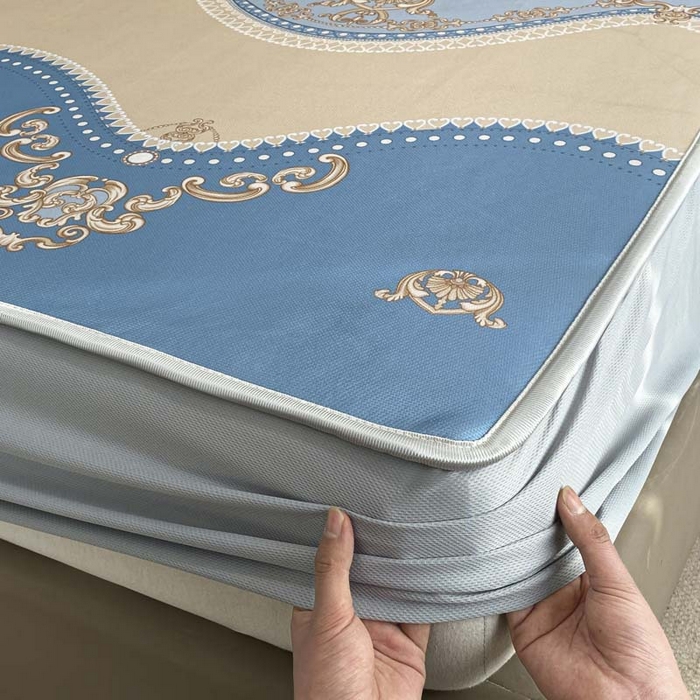 91家纺网 家纺一手货源 找家纺 2025新款印花冰丝凉席反面无纺布 冰丝-床笠款-雅典蓝