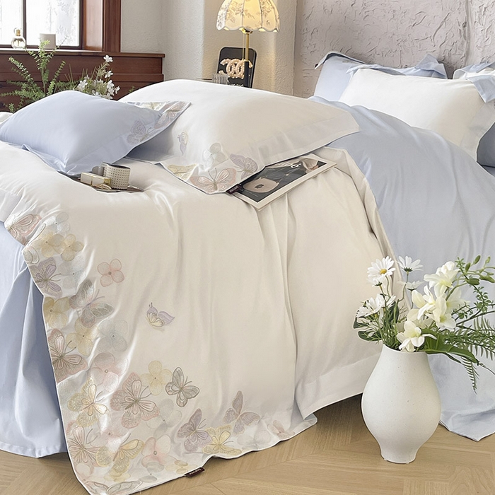 91家纺网 家纺一手货源 找家纺 春夏A类长绒棉夹棉床盖床笠四件套全棉纯棉纯色绗绣四季款保护罩高级感床上用品 茉婉-白蓝